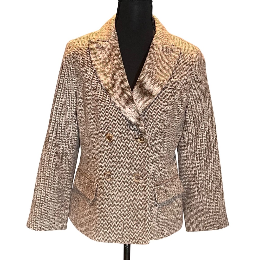 Talbots Petites Brown Herringbone Wool Blend Double Breasted Blazer Jacket 10P